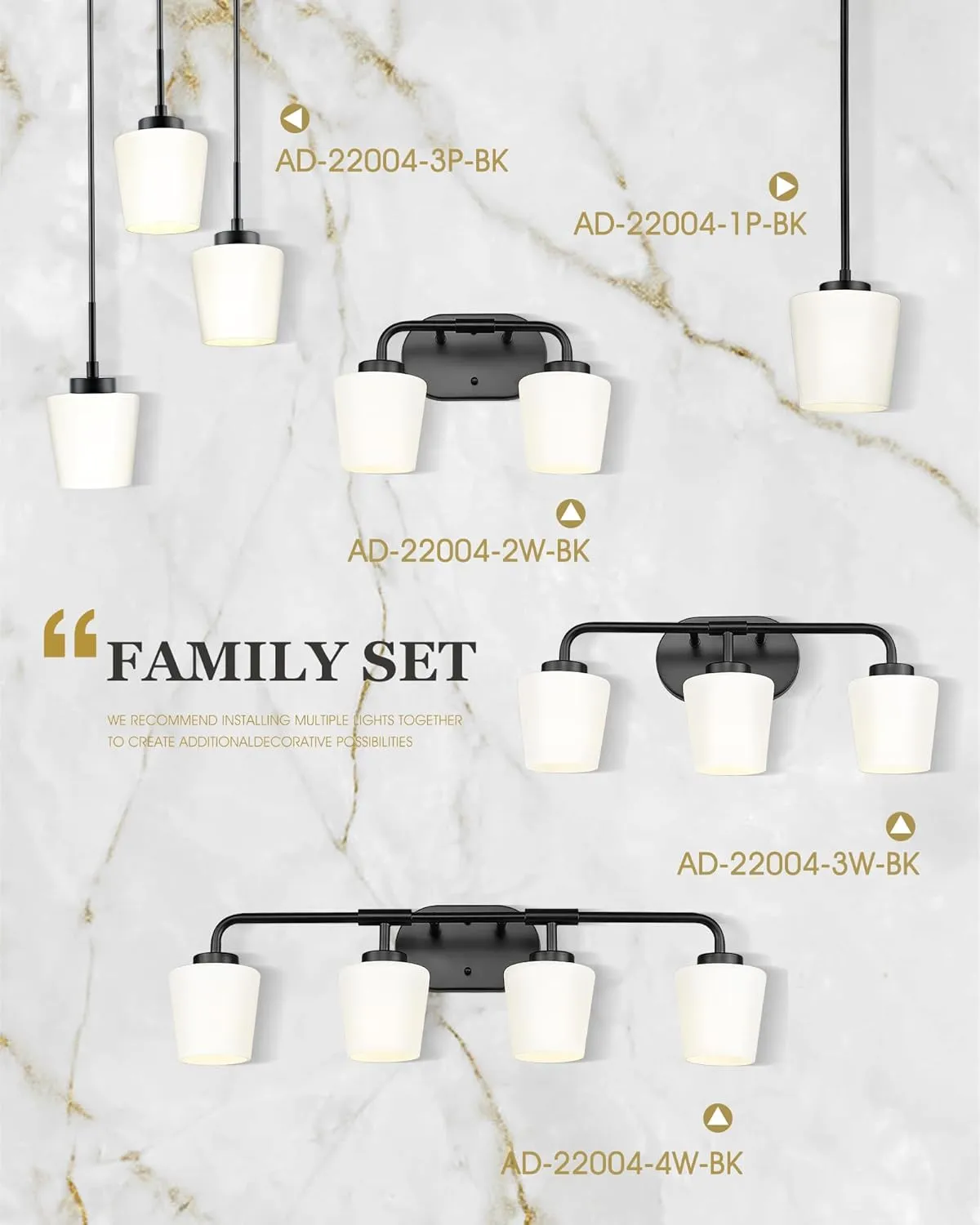 Bathroom Light Fixtures Over Mirror, 2-Light Matte Black Vanity Lighting Fixtures with Milk White Glass, Vintage Farmhouse Wall Sconces Lighting, AD-22004-2W-BK