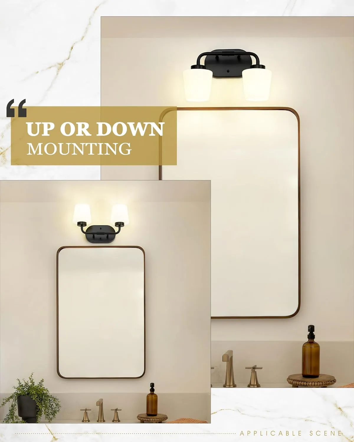 Bathroom Light Fixtures Over Mirror, 2-Light Matte Black Vanity Lighting Fixtures with Milk White Glass, Vintage Farmhouse Wall Sconces Lighting, AD-22004-2W-BK