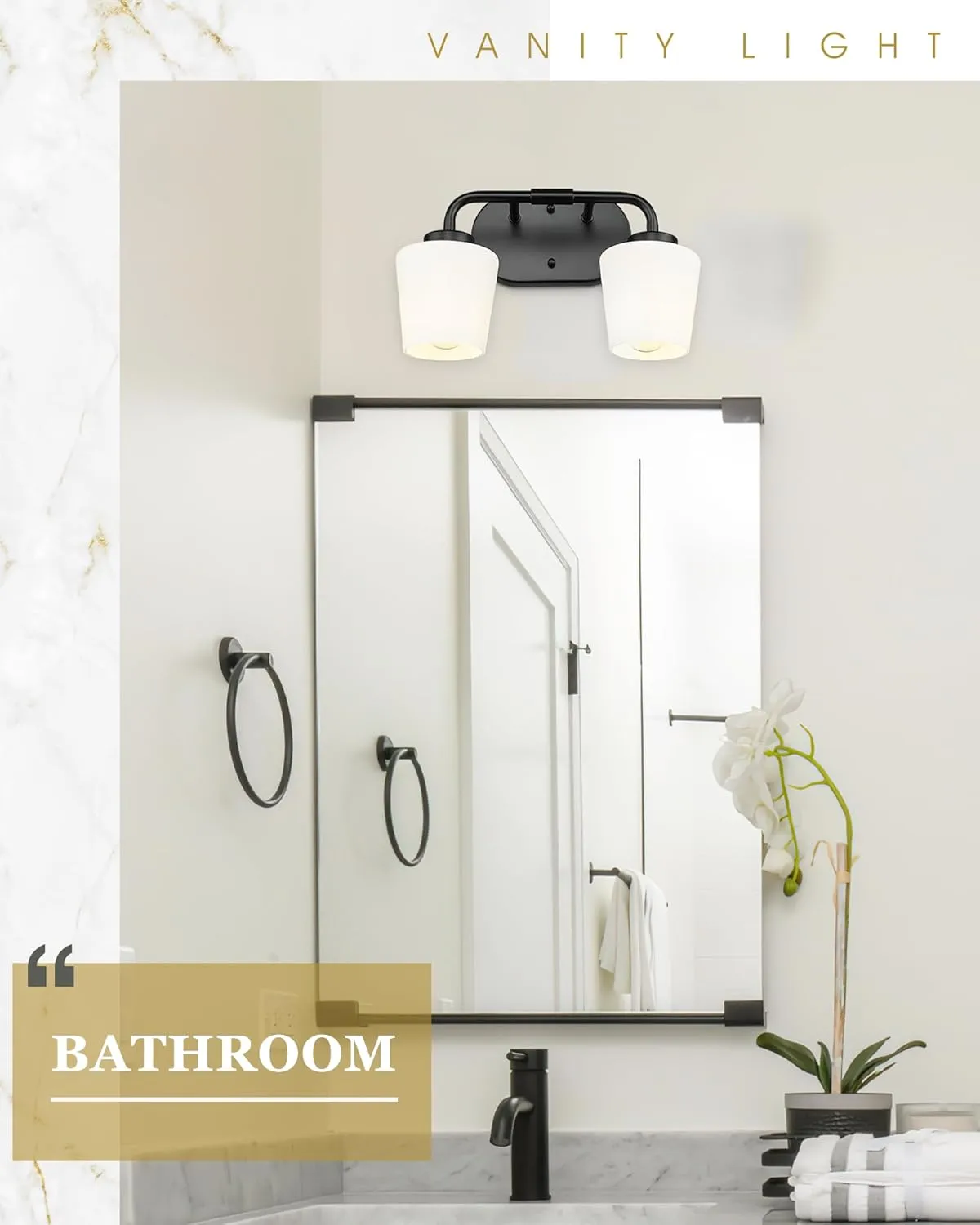 Bathroom Light Fixtures Over Mirror, 2-Light Matte Black Vanity Lighting Fixtures with Milk White Glass, Vintage Farmhouse Wall Sconces Lighting, AD-22004-2W-BK