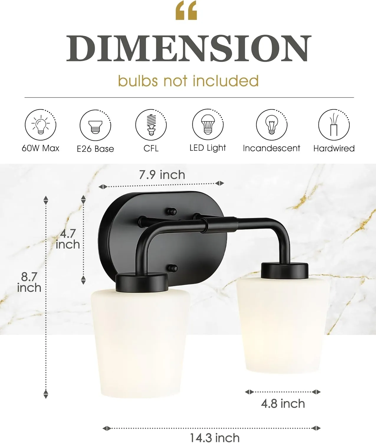 Bathroom Light Fixtures Over Mirror, 2-Light Matte Black Vanity Lighting Fixtures with Milk White Glass, Vintage Farmhouse Wall Sconces Lighting, AD-22004-2W-BK