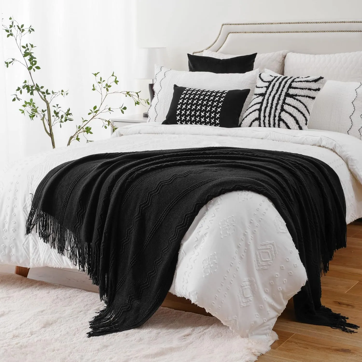 BATTILO HOME Black Throw Blanket with Fringe, Bed Throws for Home Decor, Decorative Black Knit Throw for Couch Sofa, 50"x60"