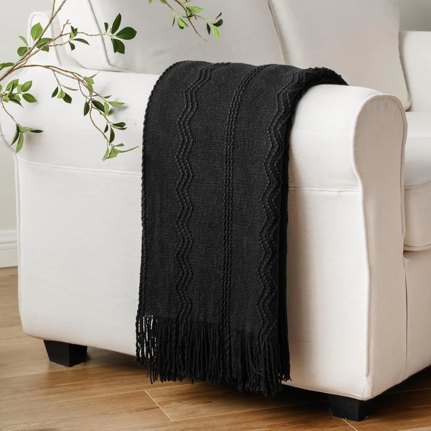 BATTILO HOME Black Throw Blanket with Fringe, Bed Throws for Home Decor, Decorative Black Knit Throw for Couch Sofa, 50"x60"