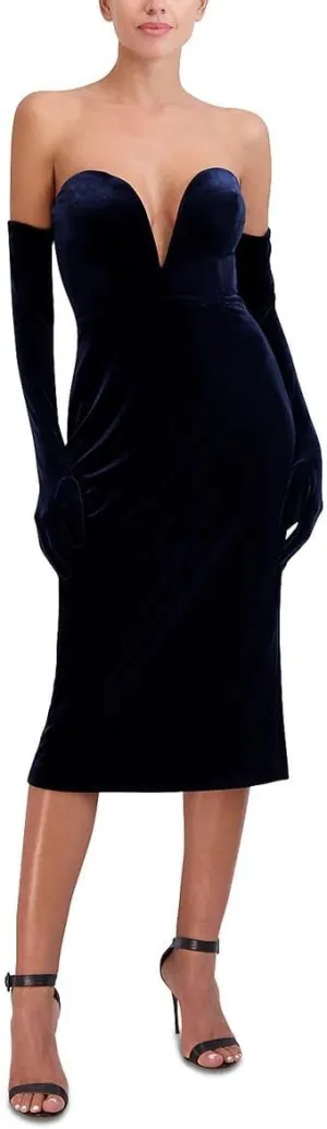 BCBGMAXAZRIA Women's Strapless Plunging V Neck Midi Dress with Gloves