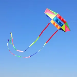 Beach Kites for Adults Large with Long Tail, 98 inches Super Easy Flyer 3D Rainbow Box Kites, Comes with Two 49 Feet Multi Colors Tails, 300 ft Kite String & Handle