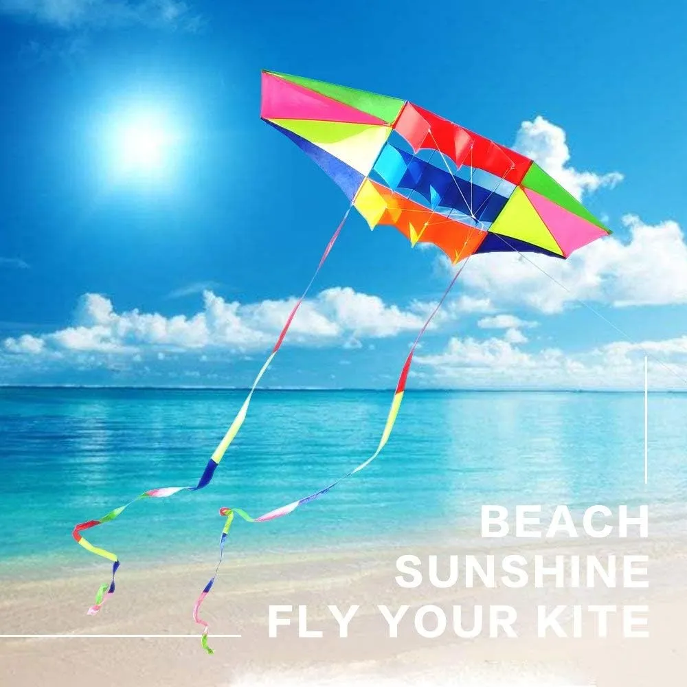 Beach Kites for Adults Large with Long Tail, 98 inches Super Easy Flyer 3D Rainbow Box Kites, Comes with Two 49 Feet Multi Colors Tails, 300 ft Kite String & Handle