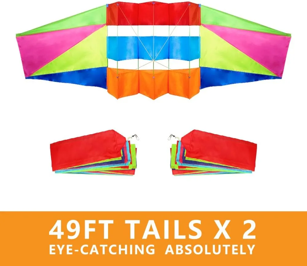 Beach Kites for Adults Large with Long Tail, 98 inches Super Easy Flyer 3D Rainbow Box Kites, Comes with Two 49 Feet Multi Colors Tails, 300 ft Kite String & Handle