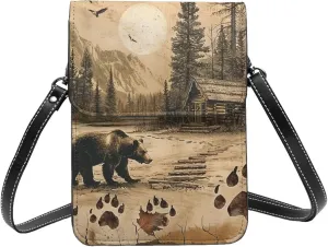 Bear Footprints Rustic Cabin Tree Collage Vintage Brown Crossbody Cell Phone Purse For Women Teen Girls Leather Small Crossbody Bag Mini Phone Pouch Purse, 7.5x5.3 Inches