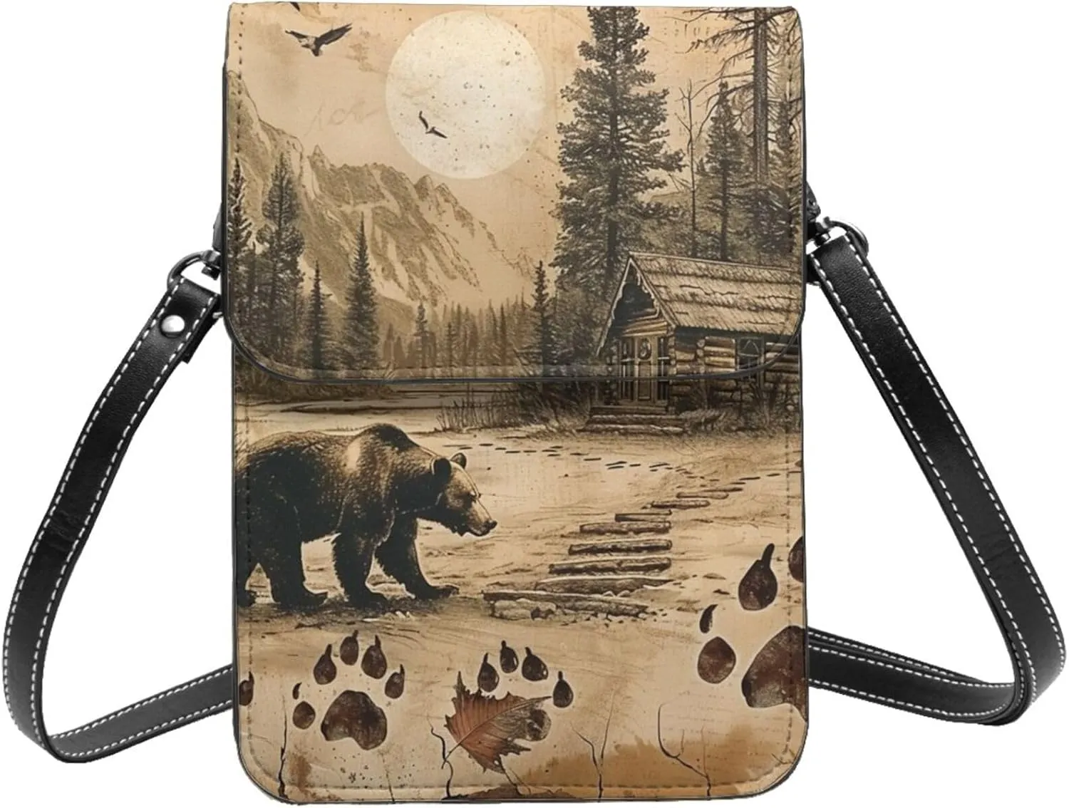 Bear Footprints Rustic Cabin Tree Collage Vintage Brown Crossbody Cell Phone Purse For Women Teen Girls Leather Small Crossbody Bag Mini Phone Pouch Purse, 7.5x5.3 Inches