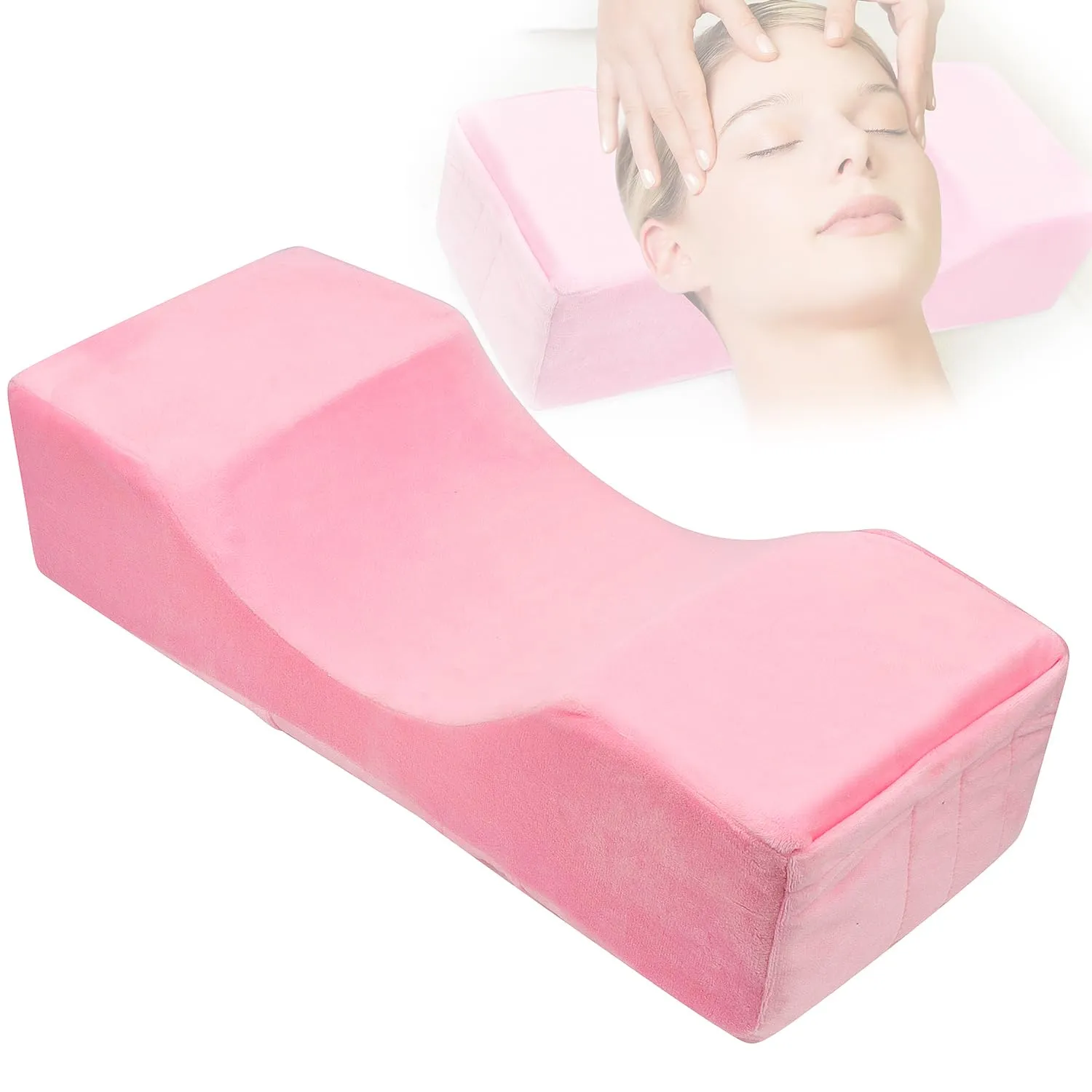 Beauty Salon Eyelash Extension Neck Pillow - Comfortable Velvet Beauty Memory Foam Pillow,Eyelash Pillow Grafted Eyelash Curve Pillow with Makeup Pocket to Protect Neck (Pink)
