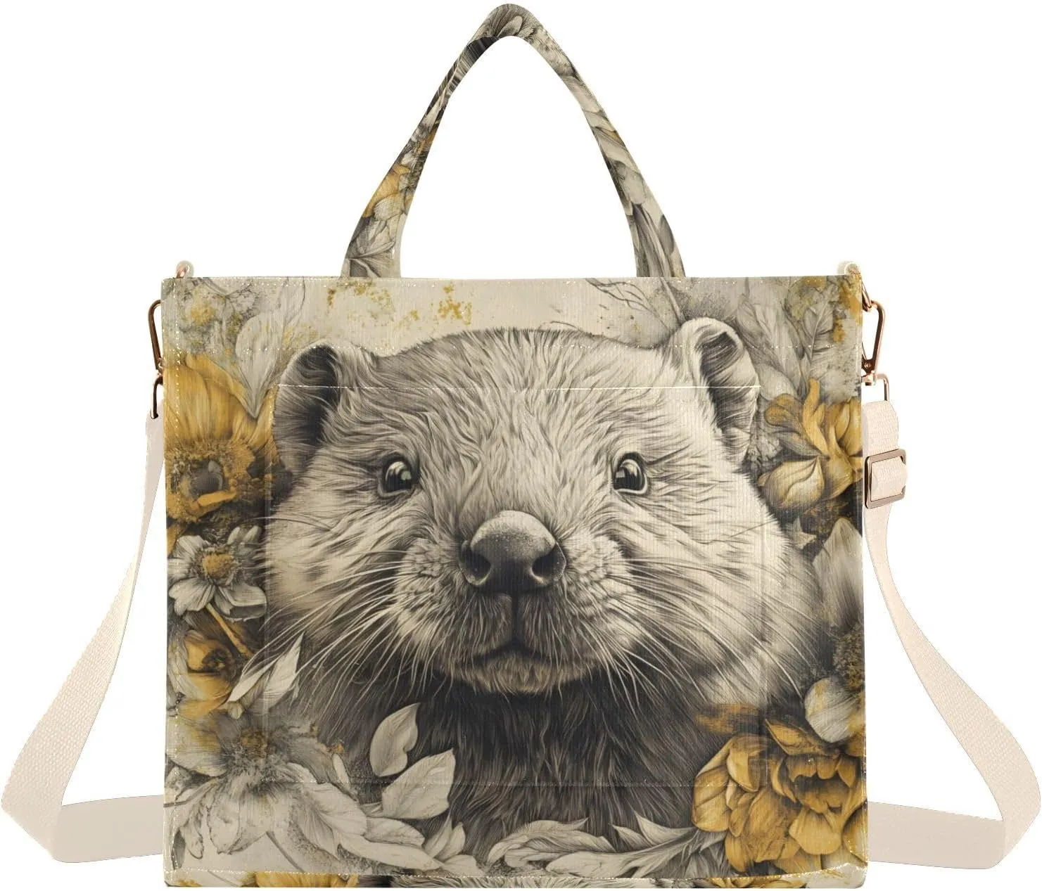 Beaver Flower Cute Corduroy Tote Bag for Women Large Shoulder Bag with Pockets for Beach Work Travel Shopping S