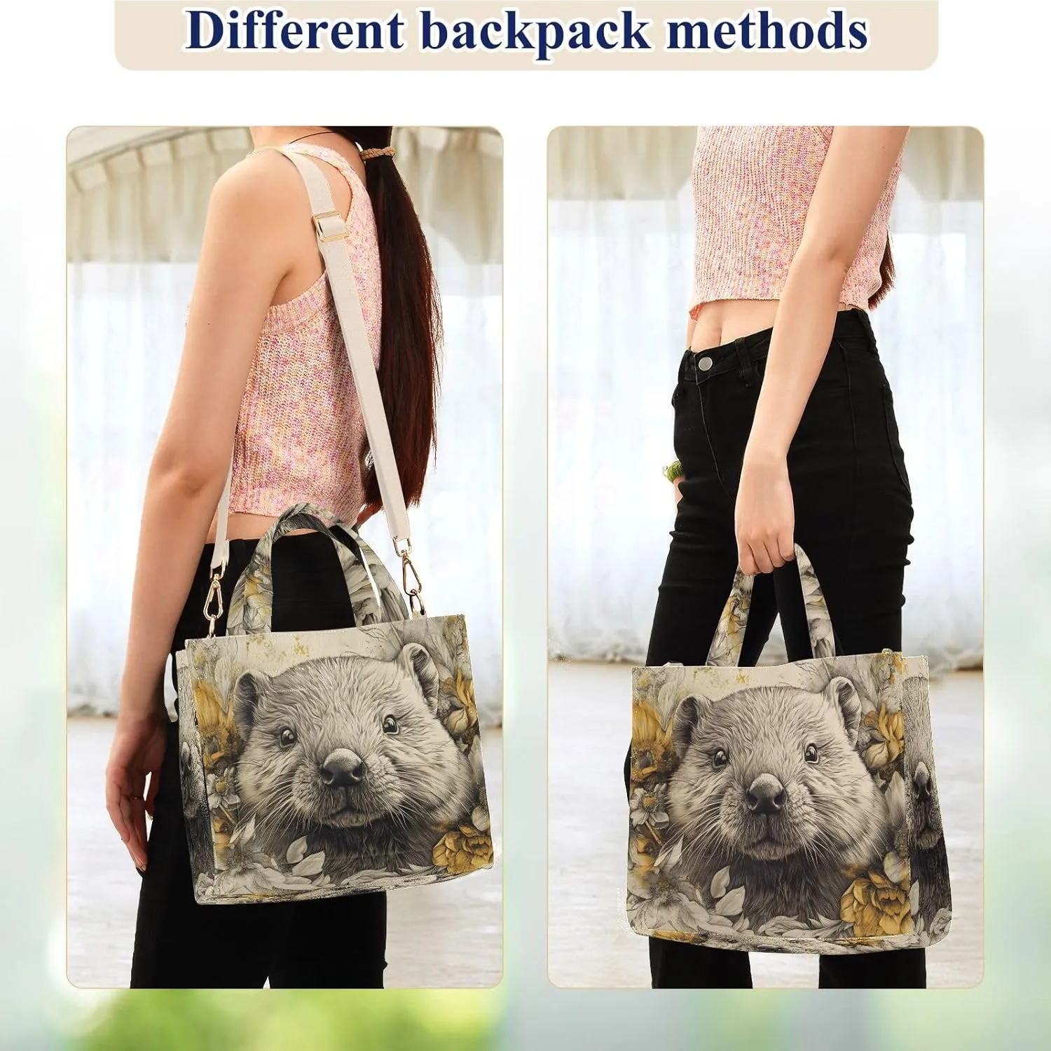 Beaver Flower Cute Corduroy Tote Bag for Women Large Shoulder Bag with Pockets for Beach Work Travel Shopping S