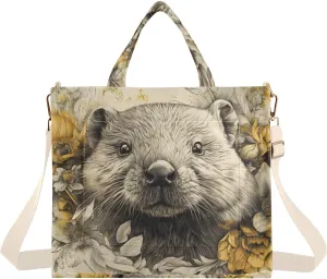 Beaver Flower Cute Corduroy Tote Bag for Women Large Shoulder Bag with Pockets for Beach Work Travel Shopping S