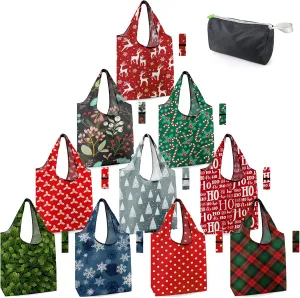 BeeGreen Christmas Reusable Grocery Bags with Zipper Storage Pouch 10 Pack Reusable Shopping Bags Bulk with Elastic Band Foldable-Machine Washable Christmas Gifts Tote Bags