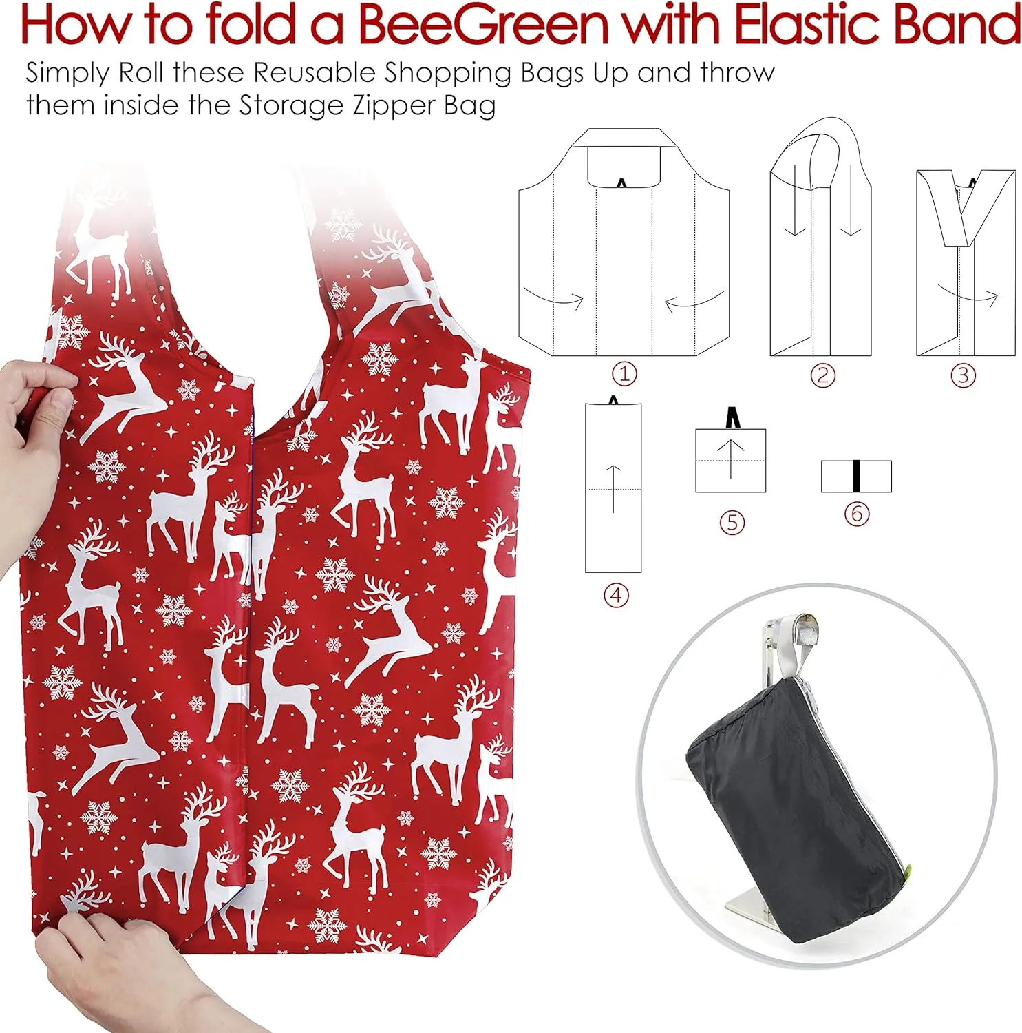 BeeGreen Christmas Reusable Grocery Bags with Zipper Storage Pouch 10 Pack Reusable Shopping Bags Bulk with Elastic Band Foldable-Machine Washable Christmas Gifts Tote Bags