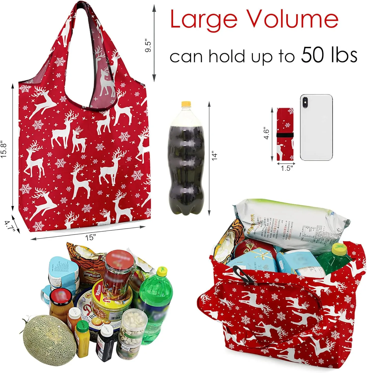 BeeGreen Christmas Reusable Grocery Bags with Zipper Storage Pouch 10 Pack Reusable Shopping Bags Bulk with Elastic Band Foldable-Machine Washable Christmas Gifts Tote Bags
