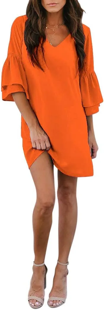 BELONGSCI Women's 2025 Summer Dress Sweet & Cute V-Neck Bell Sleeve Mini Shift Dress, Perfect for Wedding or Graduation