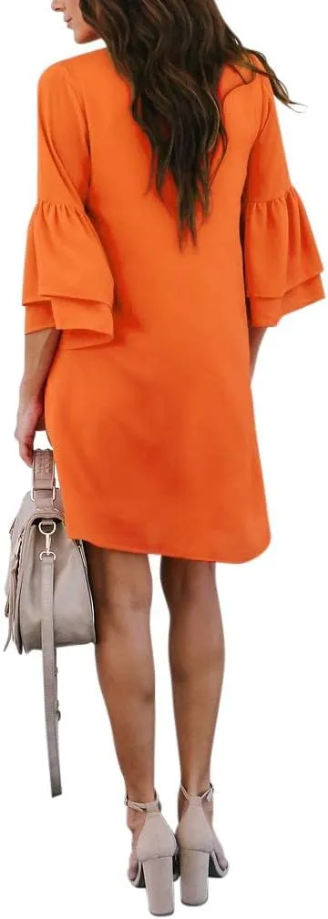 BELONGSCI Women's 2025 Summer Dress Sweet & Cute V-Neck Bell Sleeve Mini Shift Dress, Perfect for Wedding or Graduation