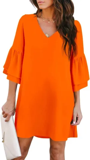 BELONGSCI Women's 2025 Summer Dress Sweet & Cute V-Neck Bell Sleeve Mini Shift Dress, Perfect for Wedding or Graduation