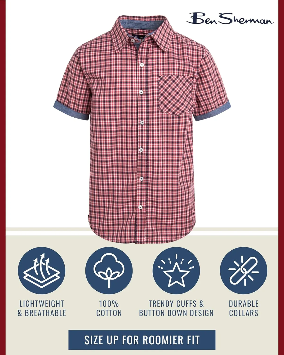 Ben Sherman Boys' Shirt - Short Sleeve Woven Button Down Shirt - Kids' Casual Collared Shirt for Boys (8-18)