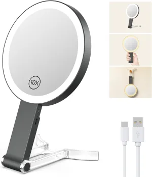 Benbilry Lighted Makeup Vanity Mirror, 10X Magnifying Mirror with Light 3 Colors, Adjustable Brightness & Stand, Tabletop & Hanging, 3 in 1 Portable Type-C Rechargeable, Black