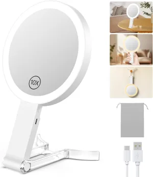 Benbilry Lighted Makeup Vanity Mirror, 10X Magnifying Mirror with Light 3 Colors, Adjustable Brightness & Stand, Tabletop & Hanging, 3 in 1 Portable Type-C Rechargeable, White
