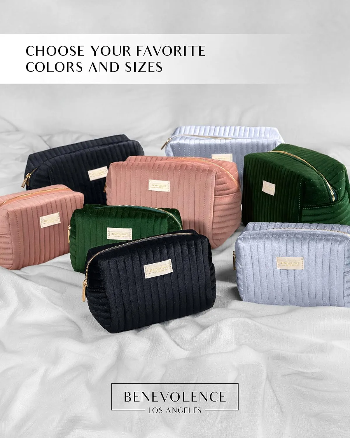 Benevolence LA Plush Velvet Small Makeup Bag for Purse | Cosmetic Pouch, Travel Toiletry Organizer for Women, Quilted Bag for Accessories - Emerald Green