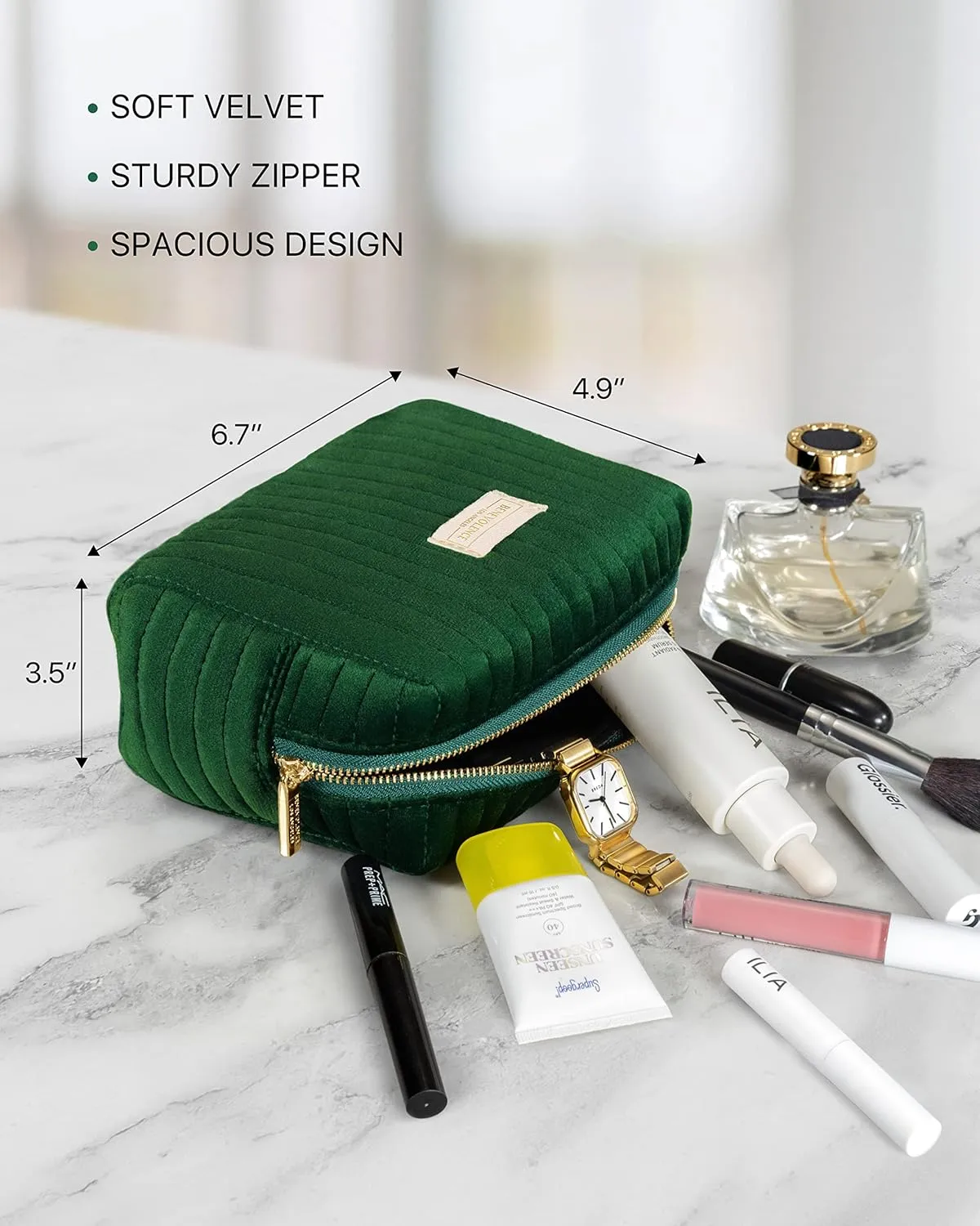 Benevolence LA Plush Velvet Small Makeup Bag for Purse | Cosmetic Pouch, Travel Toiletry Organizer for Women, Quilted Bag for Accessories - Emerald Green