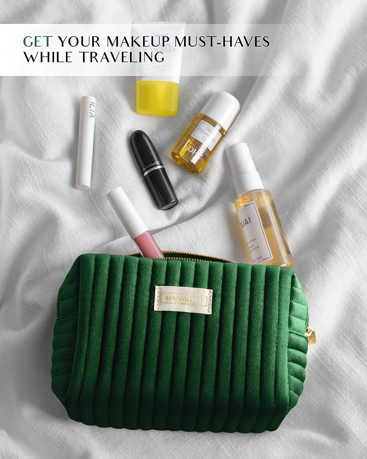 Benevolence LA Plush Velvet Small Makeup Bag for Purse | Cosmetic Pouch, Travel Toiletry Organizer for Women, Quilted Bag for Accessories - Emerald Green
