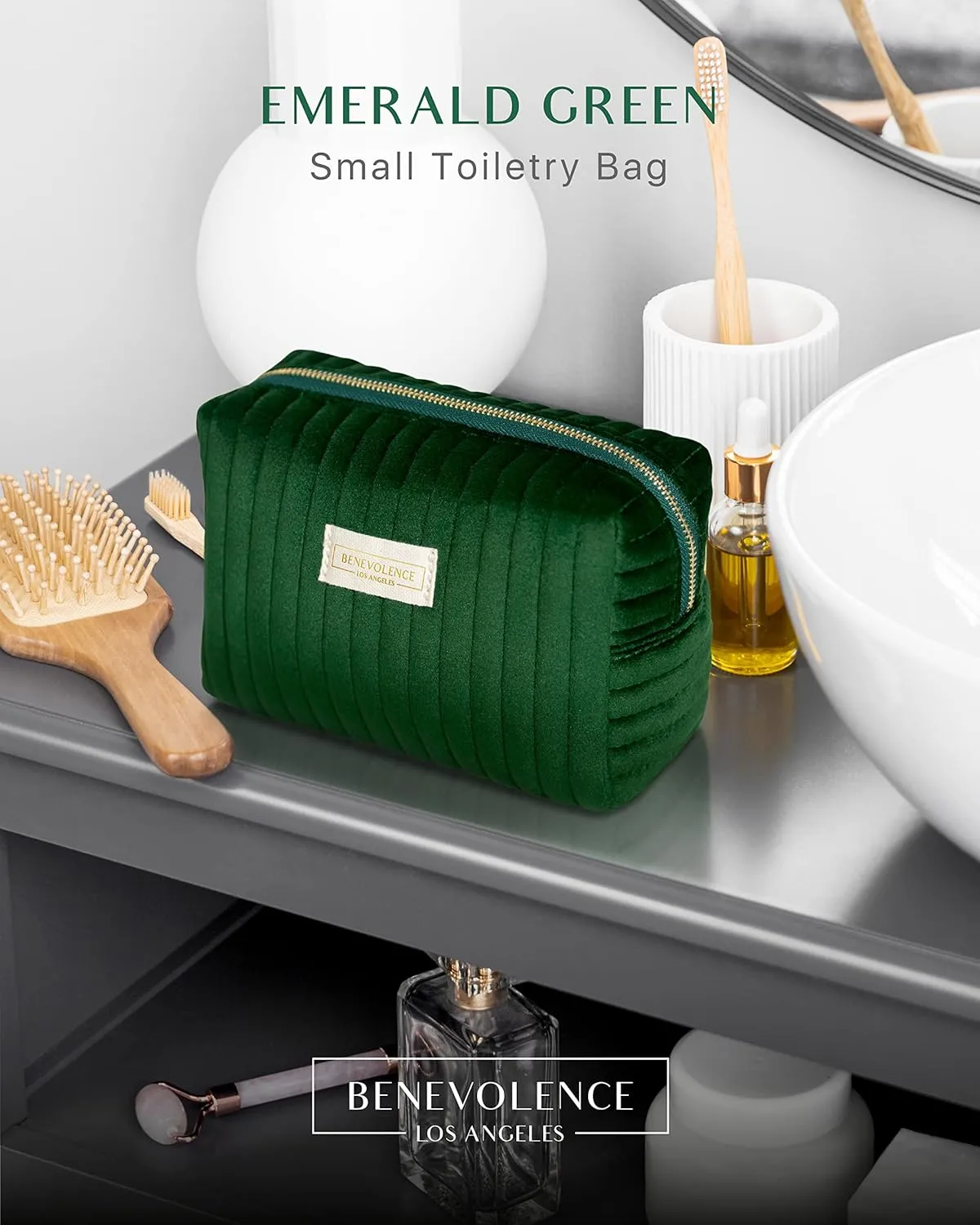 Benevolence LA Plush Velvet Small Makeup Bag for Purse | Cosmetic Pouch, Travel Toiletry Organizer for Women, Quilted Bag for Accessories - Emerald Green