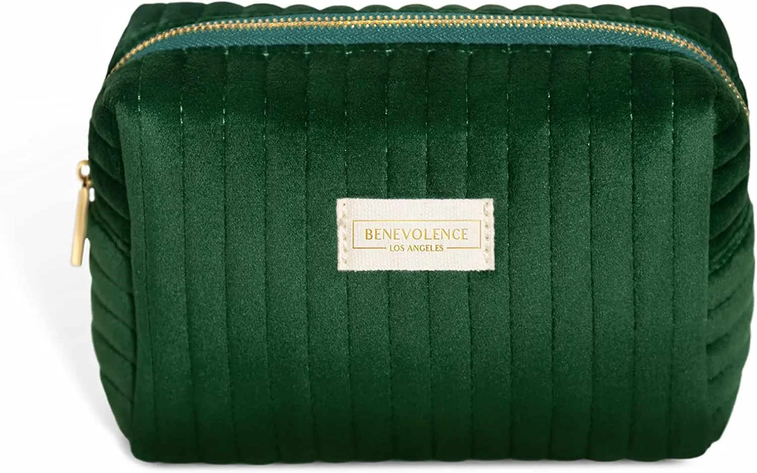 Benevolence LA Plush Velvet Small Makeup Bag for Purse | Cosmetic Pouch, Travel Toiletry Organizer for Women, Quilted Bag for Accessories - Emerald Green