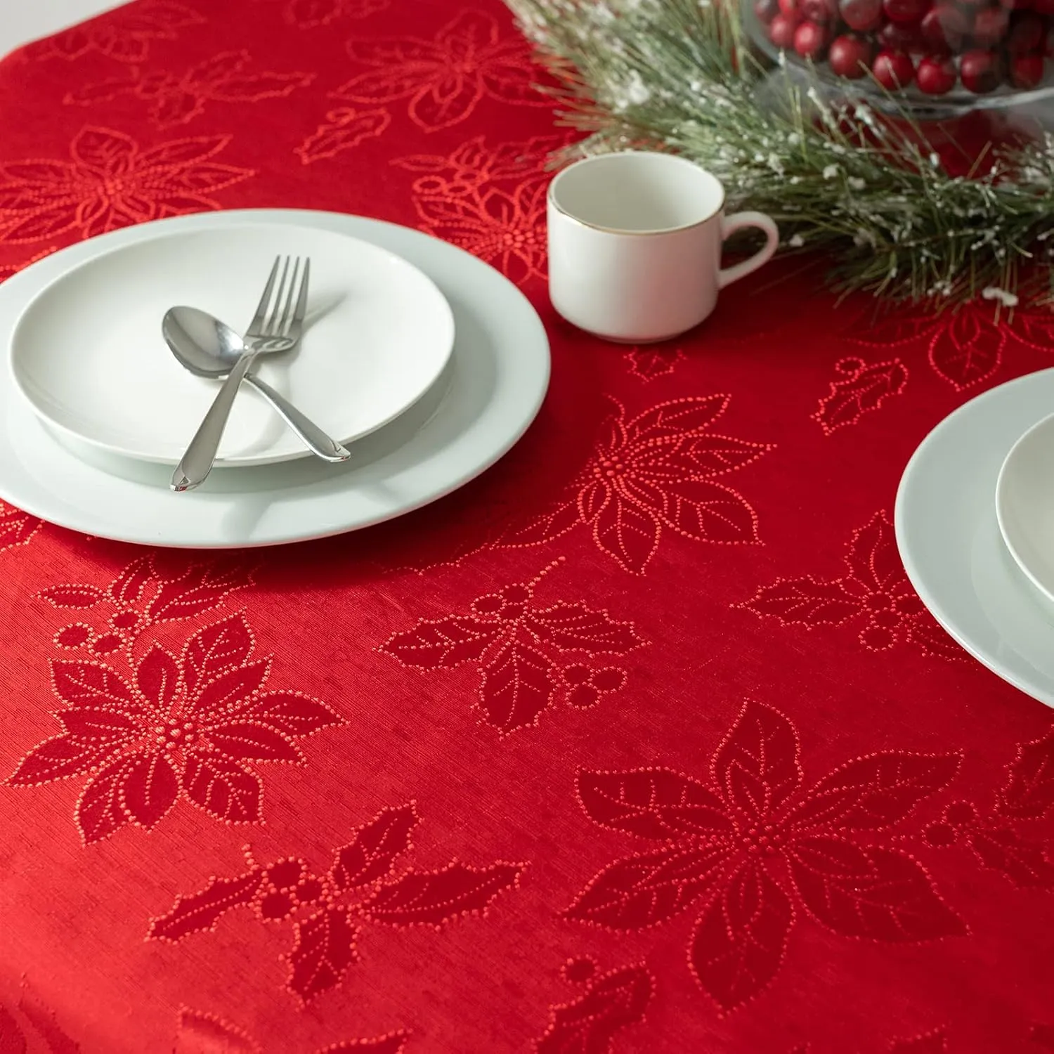 Benson Mills Poinsettia Legacy Damask Fabric Table Cloth, Holiday, Winter, and Christmas Tablecloth (Poinsettia Legacy Red, 70" Round)