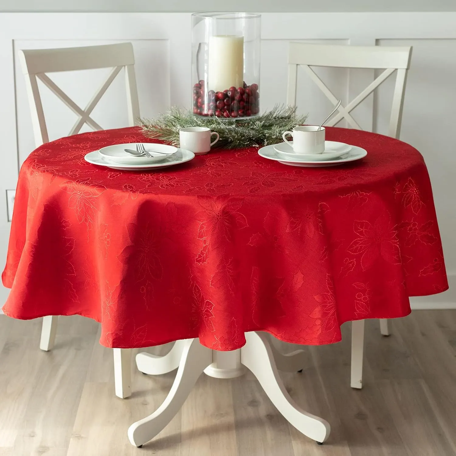 Benson Mills Poinsettia Legacy Damask Fabric Table Cloth, Holiday, Winter, and Christmas Tablecloth (Poinsettia Legacy Red, 70" Round)