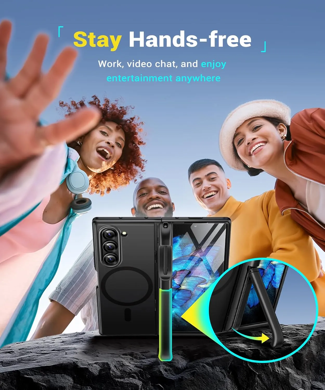 BERFY Magnetic Armor Stand for Samsung Galaxy Z Fold 6 with Screen Protector, Built-in S Pen Holder & 2 Invisible Kickstands, [Compatible with MagSafe] Full-Body Shockproof Case for Z Fold 6, Black