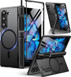 BERFY Magnetic Armor Stand for Samsung Galaxy Z Fold 6 with Screen Protector, Built-in S Pen Holder & 2 Invisible Kickstands, [Compatible with MagSafe] Full-Body Shockproof Case for Z Fold 6, Black