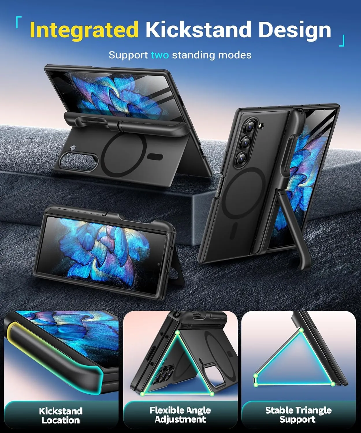 BERFY Magnetic Armor Stand for Samsung Galaxy Z Fold 6 with Screen Protector, Built-in S Pen Holder & 2 Invisible Kickstands, [Compatible with MagSafe] Full-Body Shockproof Case for Z Fold 6, Black