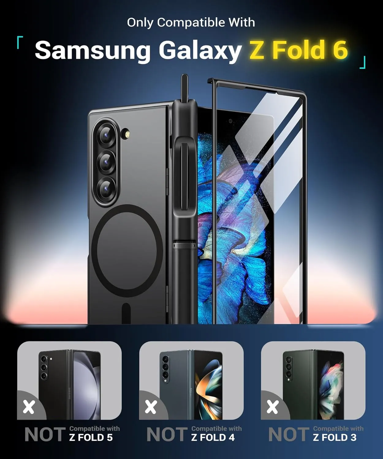 BERFY Magnetic Armor Stand for Samsung Galaxy Z Fold 6 with Screen Protector, Built-in S Pen Holder & 2 Invisible Kickstands, [Compatible with MagSafe] Full-Body Shockproof Case for Z Fold 6, Black