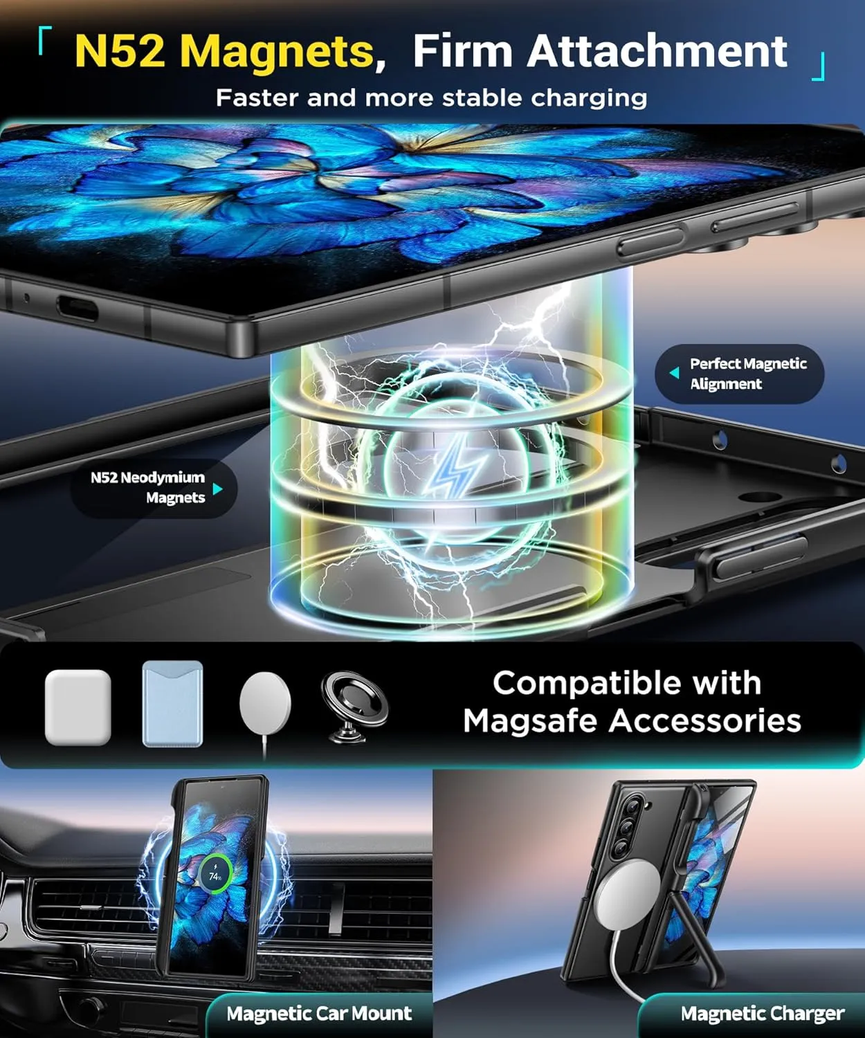 BERFY Magnetic Armor Stand for Samsung Galaxy Z Fold 6 with Screen Protector, Built-in S Pen Holder & 2 Invisible Kickstands, [Compatible with MagSafe] Full-Body Shockproof Case for Z Fold 6, Black