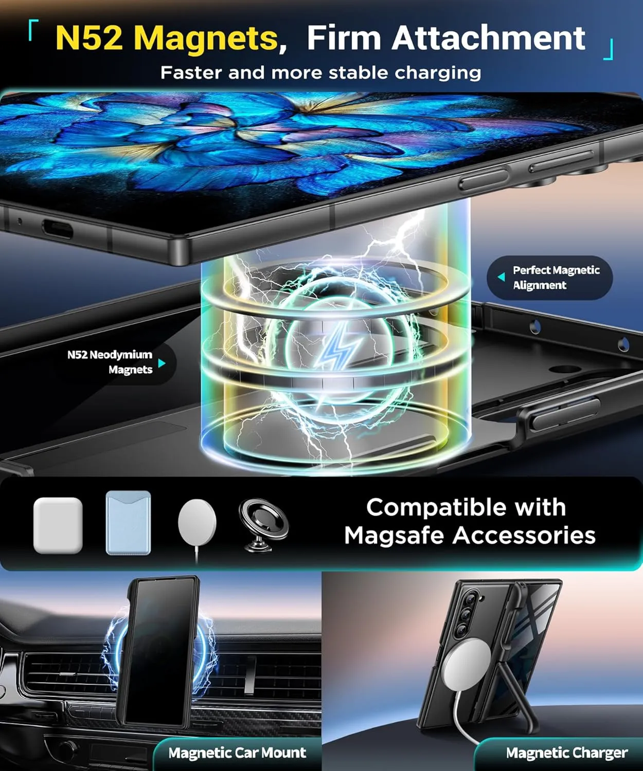 BERFY Magnetic Armor Stand for Z Fold 6 with Privacy Screen Protector, [Compatible with MagSafe][Anti Spy] Built-in S Pen Holder & 2 Invisible Kickstands, Full-Body Case for Galaxy Z Fold 6, Black