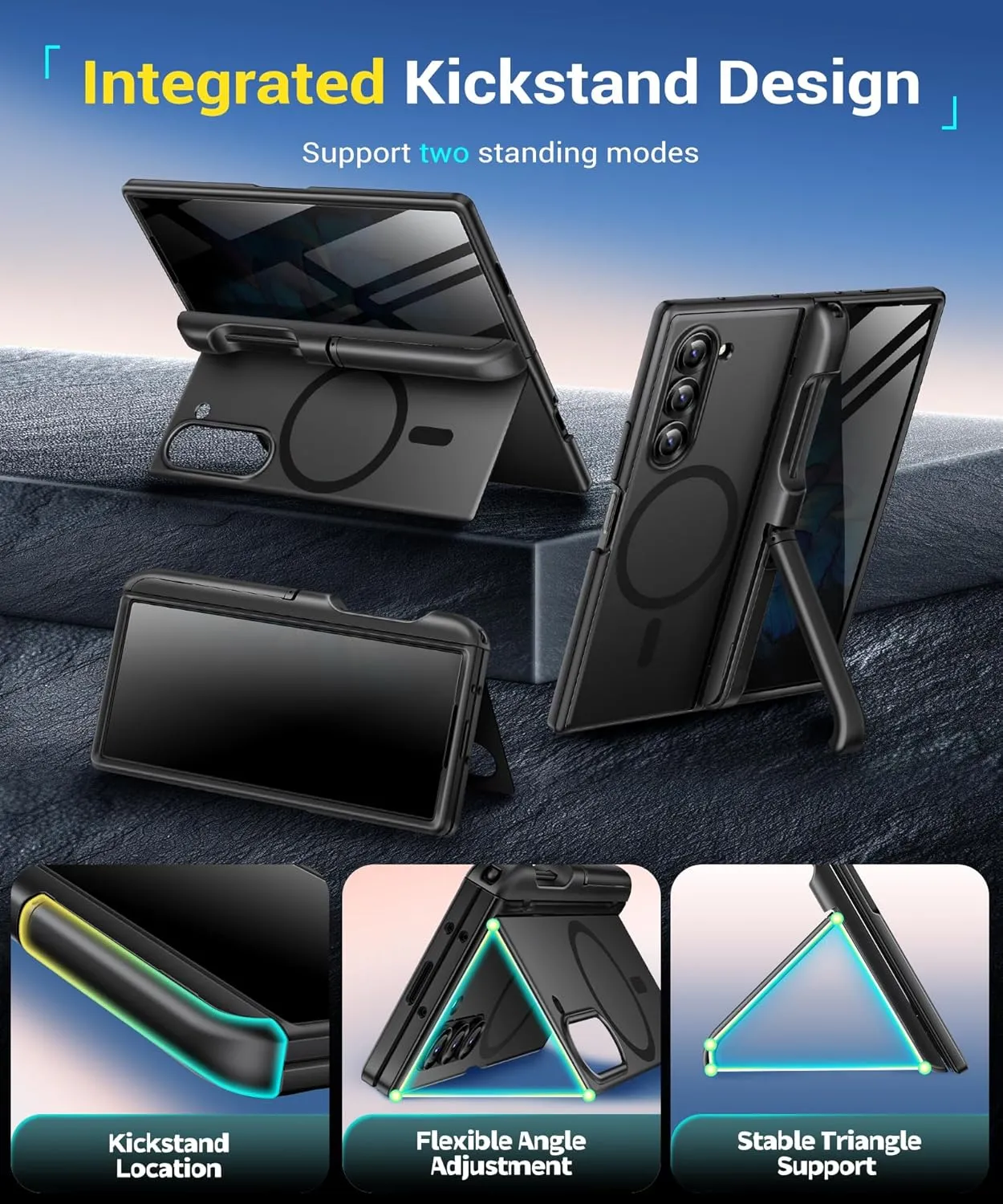 BERFY Magnetic Armor Stand for Z Fold 6 with Privacy Screen Protector, [Compatible with MagSafe][Anti Spy] Built-in S Pen Holder & 2 Invisible Kickstands, Full-Body Case for Galaxy Z Fold 6, Black