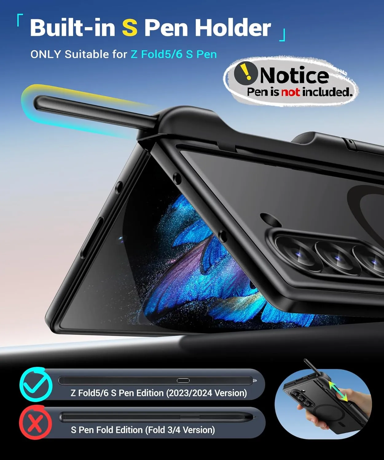 BERFY Magnetic Armor Stand for Z Fold 6 with Privacy Screen Protector, [Compatible with MagSafe][Anti Spy] Built-in S Pen Holder & 2 Invisible Kickstands, Full-Body Case for Galaxy Z Fold 6, Black