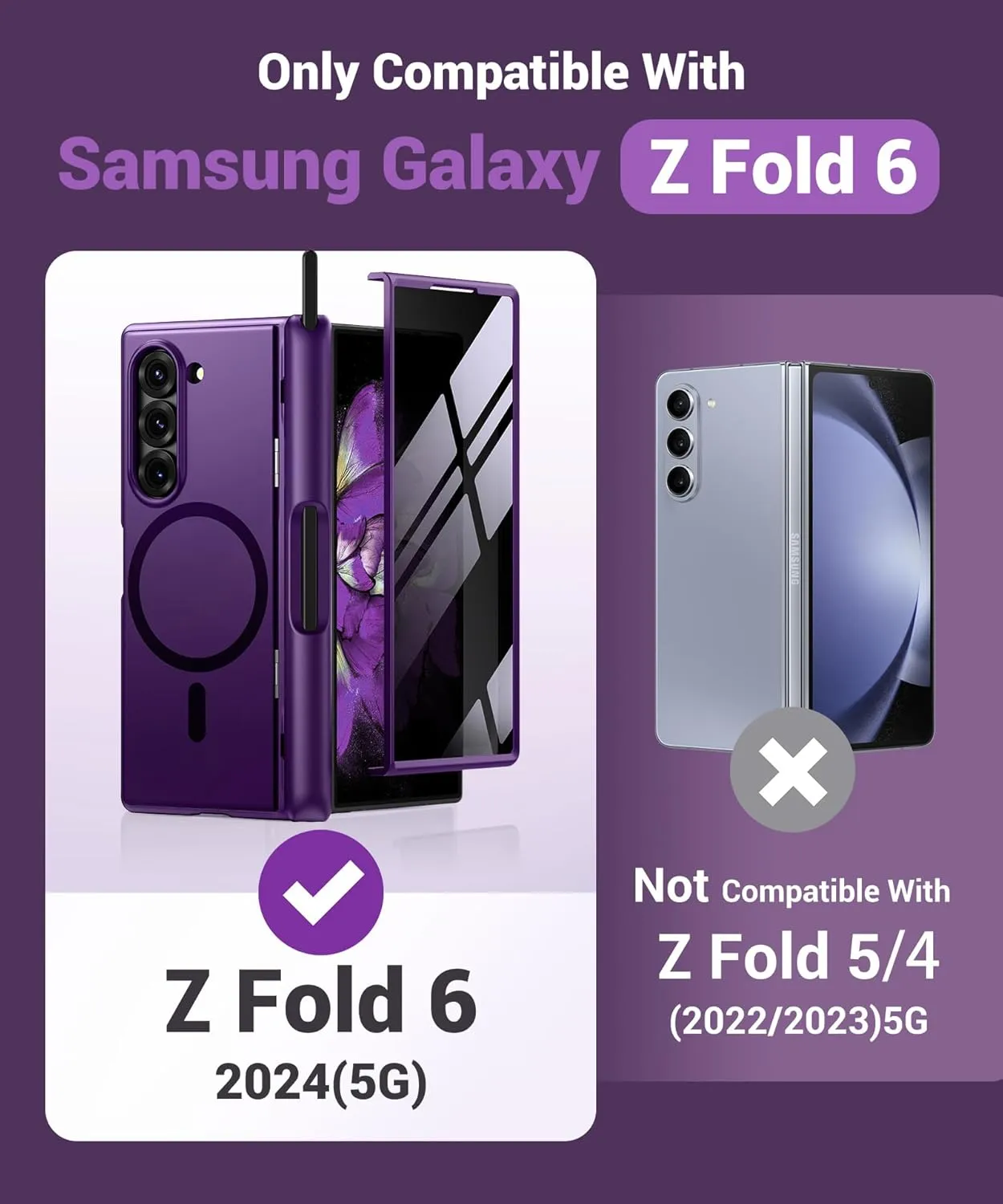 BERFY Magnetic for Samsung Galaxy Z Fold 6 Case with Privacy Screen Protector, [Compatible with MagSafe][Anti Spy] Built-in S Pen Holder & Kickstand, Full-Body Shockproof Case for Z Fold 6, Purple