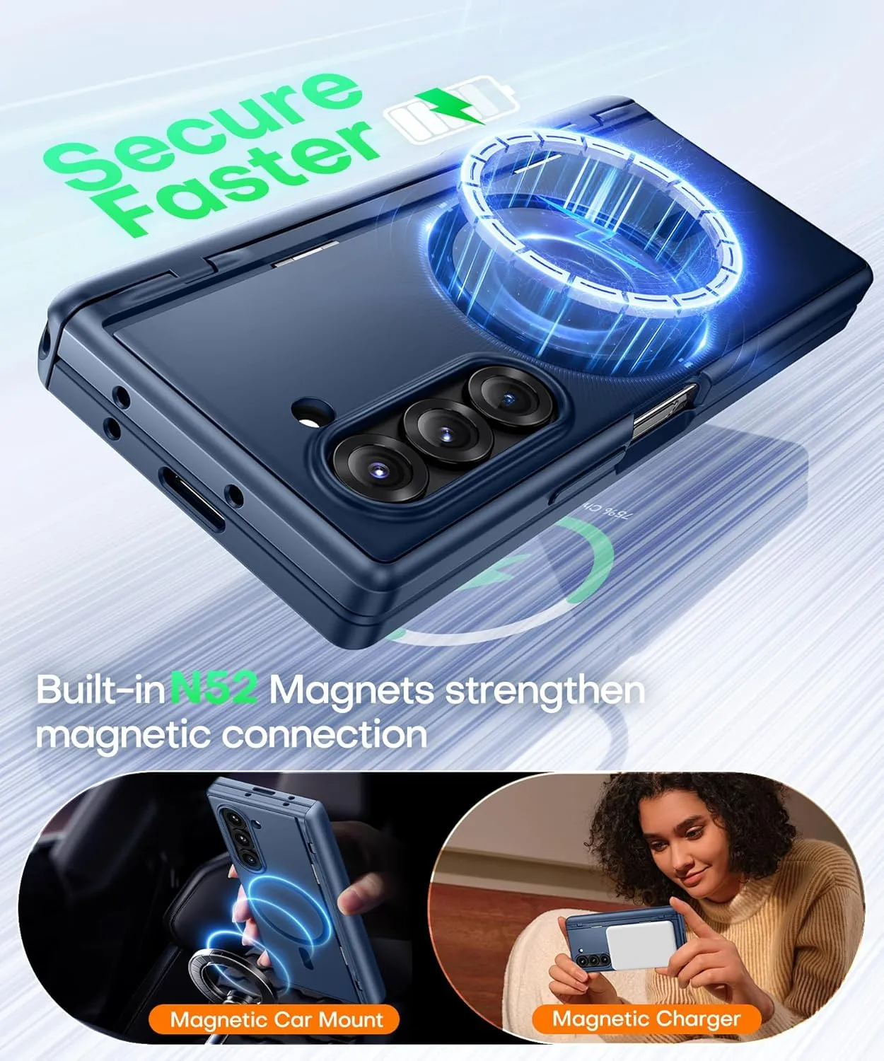 BERFY Magnetic for Samsung Galaxy Z Fold 6 Case with Privacy Screen Protector, [Compatible with MagSafe][Anti Spy]Built-in S Pen Holder & Kickstand, Full-Body Shockproof Phone Case for Z Fold 6, Blue