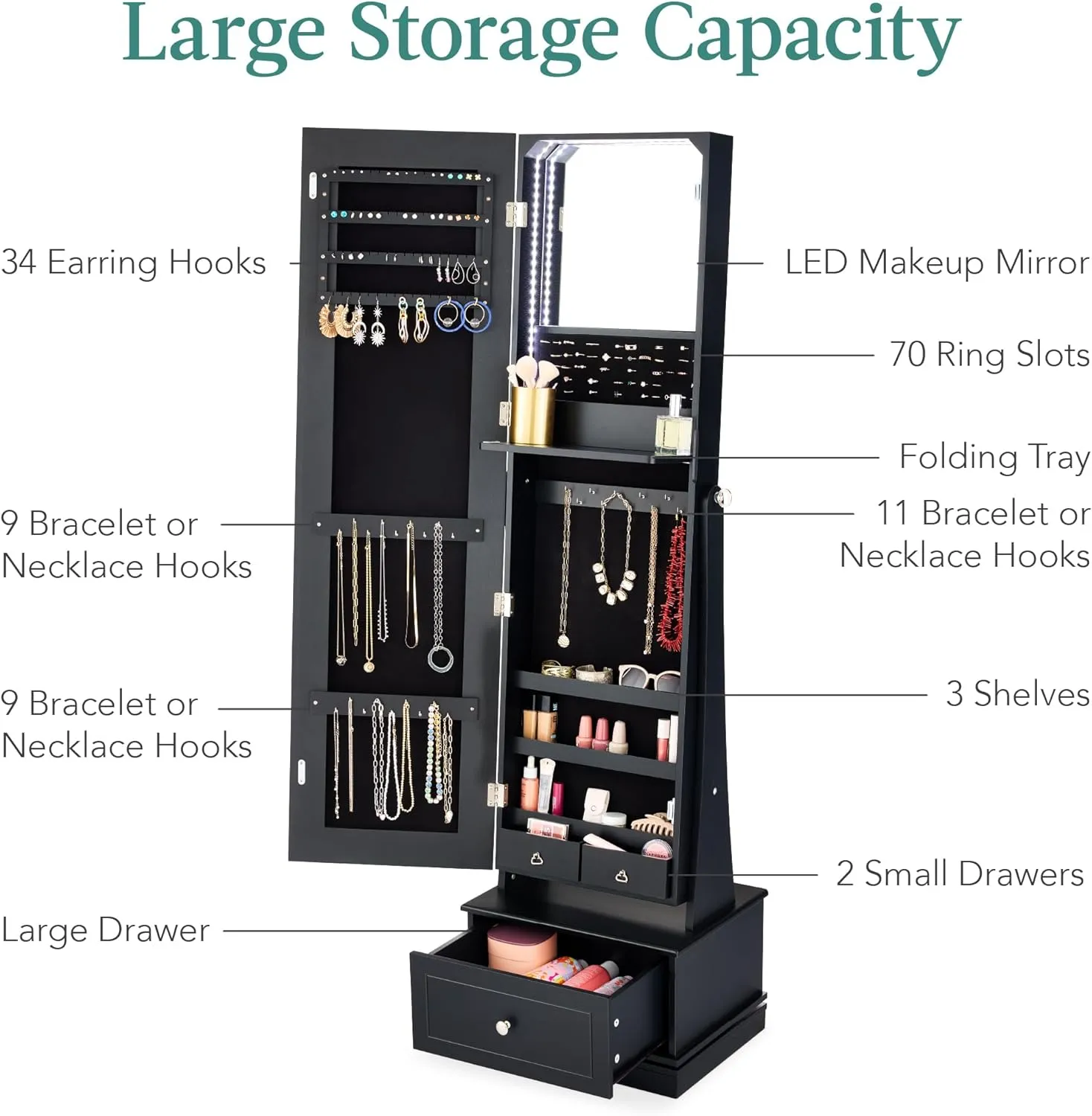 Best Choice Products 360 Swivel Mirrored Jewelry Cabinet, Standing Armoire, Makeup Storage Organizer, w/LED-lit Mirror, 3 Shelves - Black