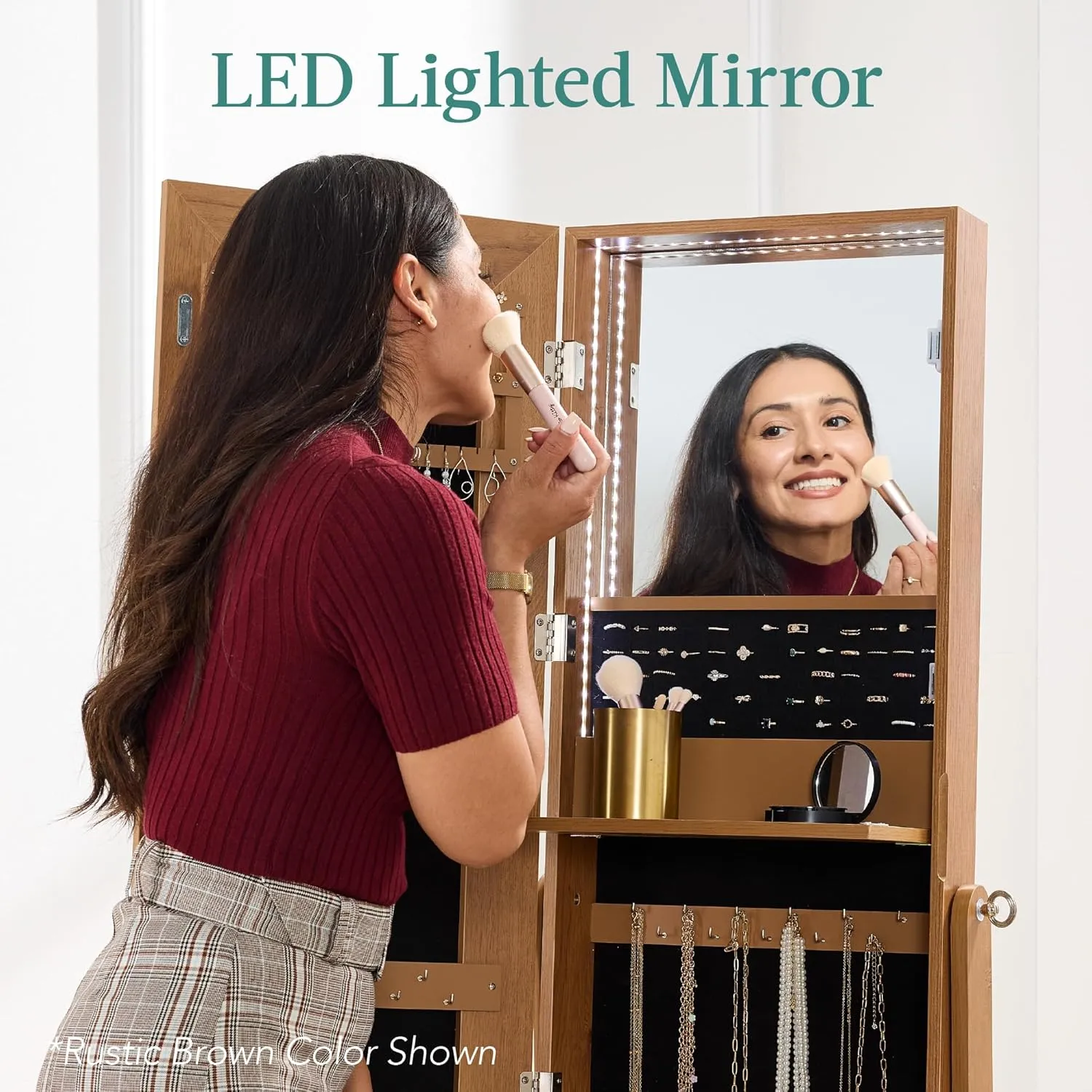 Best Choice Products 360 Swivel Mirrored Jewelry Cabinet, Standing Armoire, Makeup Storage Organizer, w/LED-lit Mirror, 3 Shelves - Black