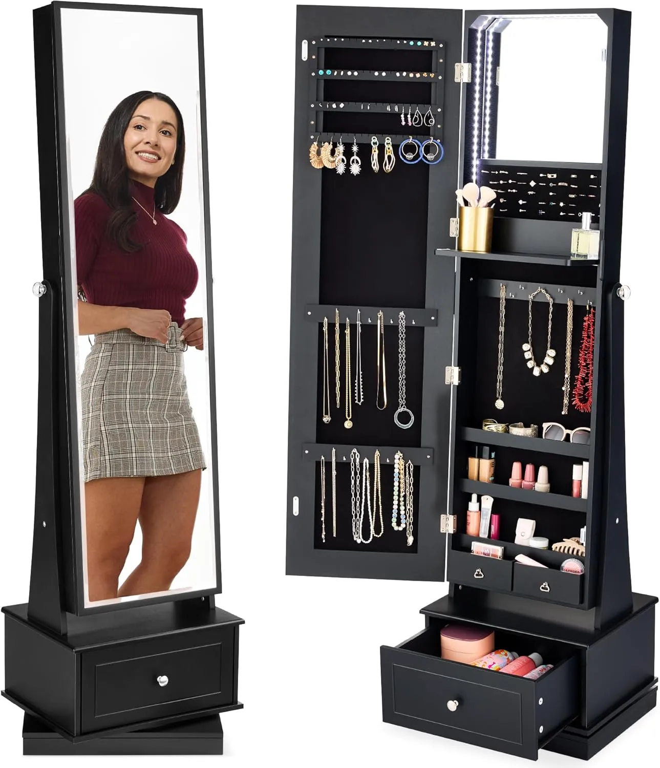 Best Choice Products 360 Swivel Mirrored Jewelry Cabinet, Standing Armoire, Makeup Storage Organizer, w/LED-lit Mirror, 3 Shelves - Black
