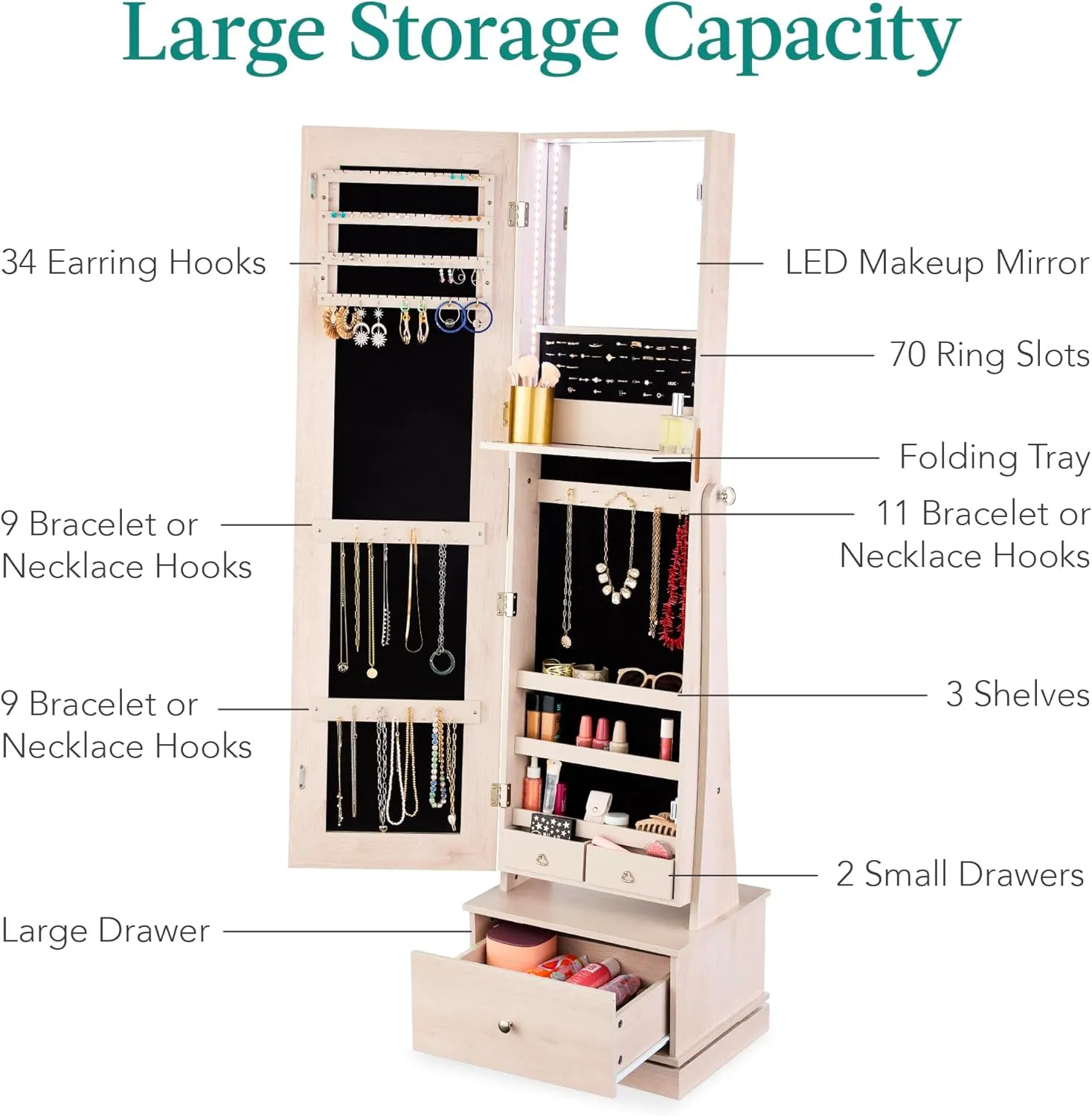 Best Choice Products 360 Swivel Mirrored Jewelry Cabinet, Standing Armoire, Makeup Storage Organizer, w/LED-lit Mirror, 3 Shelves - Coastal White