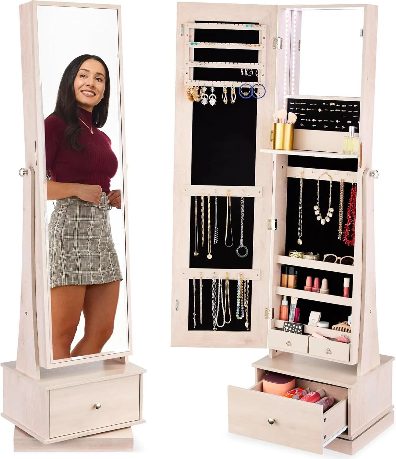 Best Choice Products 360 Swivel Mirrored Jewelry Cabinet, Standing Armoire, Makeup Storage Organizer, w/LED-lit Mirror, 3 Shelves - Coastal White