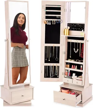 Best Choice Products 360 Swivel Mirrored Jewelry Cabinet, Standing Armoire, Makeup Storage Organizer, w/LED-lit Mirror, 3 Shelves - Coastal White