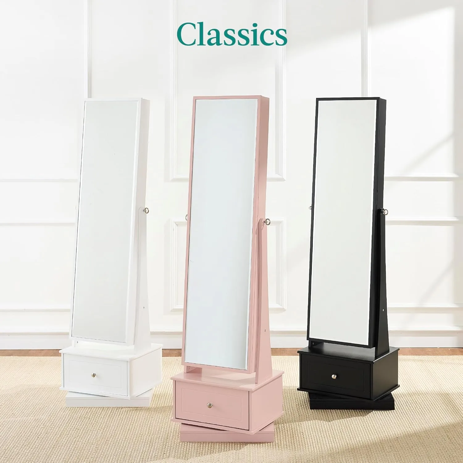 Best Choice Products 360 Swivel Mirrored Jewelry Cabinet, Standing Armoire, Makeup Storage Organizer, w/LED-lit Mirror, 3 Shelves - Dusty Pink
