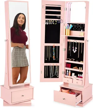 Best Choice Products 360 Swivel Mirrored Jewelry Cabinet, Standing Armoire, Makeup Storage Organizer, w/LED-lit Mirror, 3 Shelves - Dusty Pink